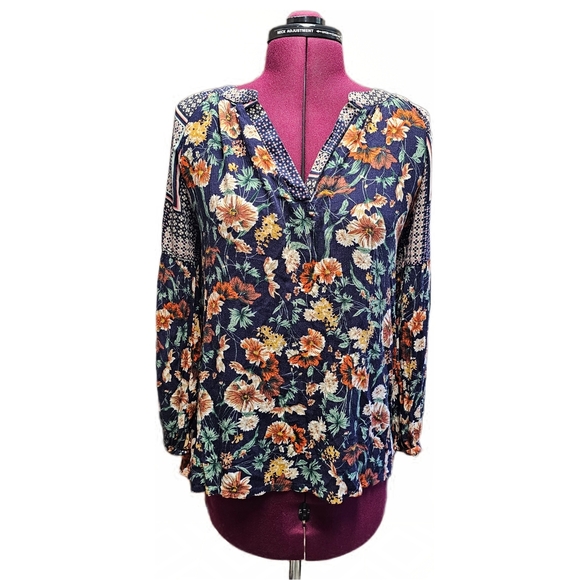 Jodifl Boho Oversized Bubble Sleeved Blue Floral Blouse Top Size S V-Neck Long - Picture 5 of 16